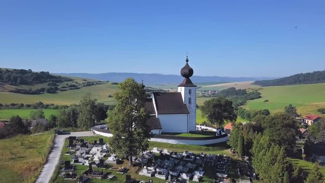 Aerial of Holy Spirit church in Zehra, Slovakia