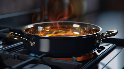 Clean saucepan on a gas stove in kitchen. Generative Ai