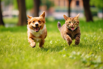 A dog and cat running in the summer through the green valley. Generated ai 