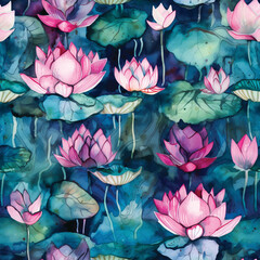 Seamless Lotus Flowers and Buds with Green Leaves for Fabric and Decorative Patterns.  water lily flowers seamless pattern