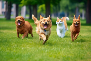 A group of dog and cat running in the summer through the green valley. Generated ai  - obrazy, fototapety, plakaty