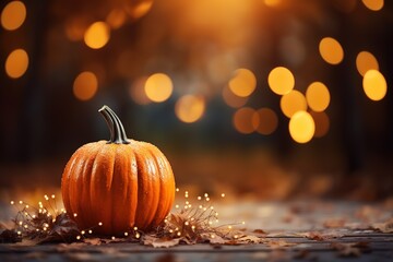One tiny pumpkin on blurred shiny dreamy bokeh background