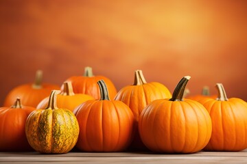 Many delicious ripe pumpkins on orange background with copy space - obrazy, fototapety, plakaty
