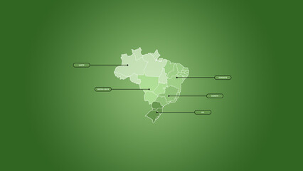 Ilustração do mapa do Brasil e suas regiões, contorno branco em um fundo verde © JCGX