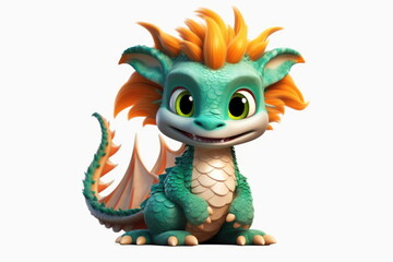Fototapeta premium Cute baby fantasy kawaii dragon isolated on a white background. Generative AI
