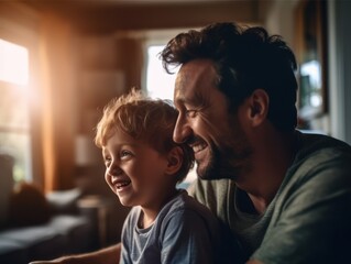 Naklejka premium Happy Father Day. Father and son smiling happily. Generative AI