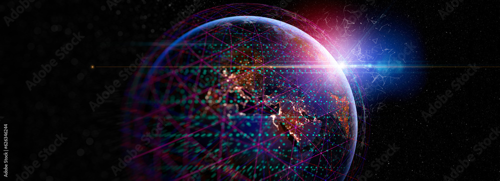Fototapete Communication technology for internet business. Global world network and telecommunication on earth cryptocurrency and blockchain and IoT. 