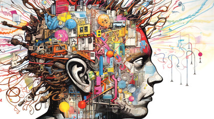 Thinking Man. Head of human with lots of details, representing thinking and analysing progress. 