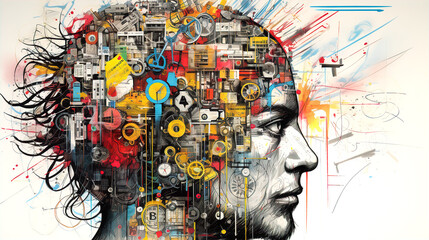 Obraz premium Thinking Man. Head of human with lots of details, representing thinking and analysing progress. 