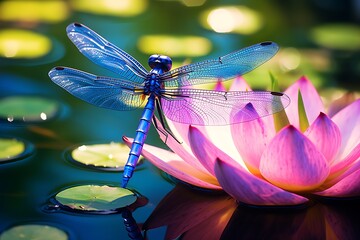 A mesmerizing close-up of a delicate dragonfly perched on a water lily, its iridescent wings shimmering in the sunlight. - Powered by Adobe