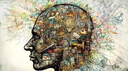 Thinking Man. Head of human with lots of details, representing thinking and analysing progress. 