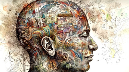 Thinking Man. Head of human with lots of details, representing thinking and analysing progress. 