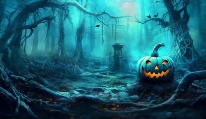 Obraz na płótnie Canvas Halloween background with spooky pumpkin lanterns, generative ai