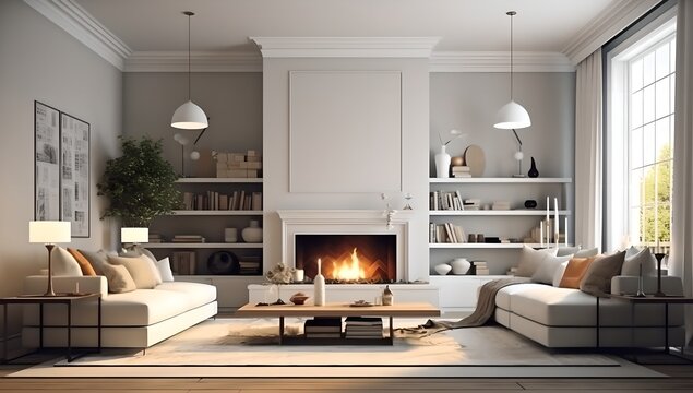 Classic luxury living room interior with fireplace, generative ai