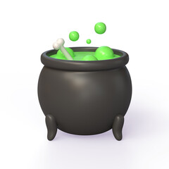 A cauldron of green magic, simmering with a charming bubble potion or witch's soup with poisonous poison. An item with a Halloween, horror or fantasy theme. 3d render illustration
