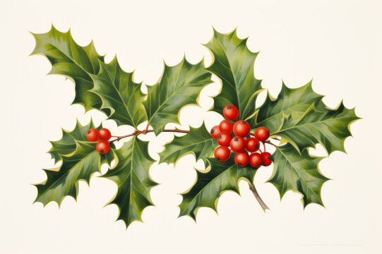 Holly leaves decoration with red berries. Generated ai