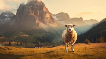 Fototapeta premium Sunrise Serenity in the Dolomites: A High-Resolution Capture of Grazing Sheep, Majestic Mountain Peaks, and Mystical Morning Mist under a Pastel Dawn Sky