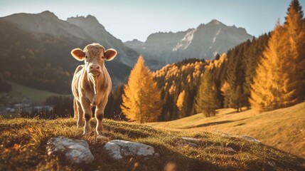 Sunrise Serenity in the Dolomites: A High-Resolution Capture of Grazing Beautiful Cow, Majestic Mountain Peaks, and Mystical Morning Mist under a Pastel Dawn Sky