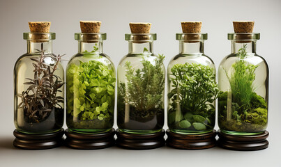 Small bottles with sprigs of herbs on a white background.