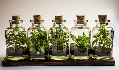 Small bottles with sprigs of herbs on a white background.