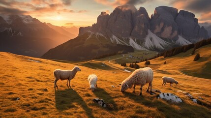 Fototapeta premium Sunrise Serenity in the Dolomites: A High-Resolution Capture of Grazing Sheep, Majestic Mountain Peaks, and Mystical Morning Mist under a Pastel Dawn Sky