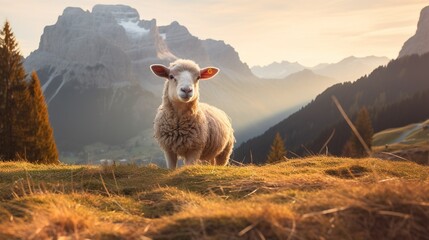 Sunrise Serenity in the Dolomites: A High-Resolution Capture of Grazing Sheep, Majestic Mountain Peaks, and Mystical Morning Mist under a Pastel Dawn Sky