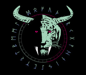 Saber-toothed tiger t-shirt design surrounded by runic alphabet isolated on black. Viking illustration for the textile industry.