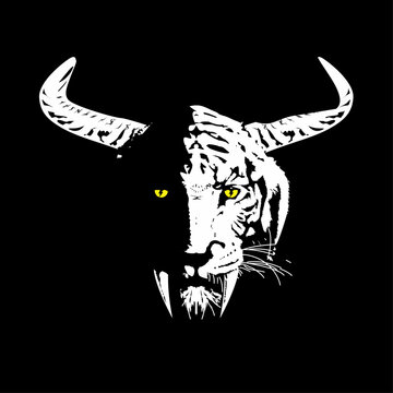 T-shirt design of a saber-toothed tiger head with horns isolated on black. Fantastic illustration for posters and stickers.