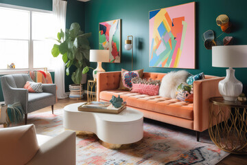 A colorful and eclectic living room inspired by mid-century modern design, with vintage pieces mixed with contemporary art and bold pops of color, generative AI	