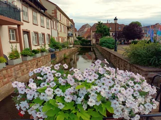 Fotobehang Fachwerkhäuser in der historischen Altstadt von Wissembourg (Weißenburg) am Fluss Lauter im Elsass in Frankreich an der Grenze zu Rheinland-Pfalz. © Philipp