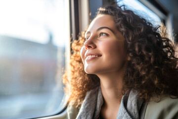 Naklejka na ściany i meble Pensive young woman, happily gazing out the window during her morning commute on an urban light rail train, expressing gratitude