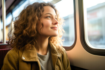 Pensive young woman, happily gazing out the window during her morning commute on an urban light rail train, expressing gratitude