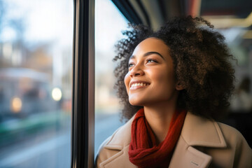 Pensive young African American woman, happily gazing out the window during her morning commute on an urban light rail train, expressing gratitude