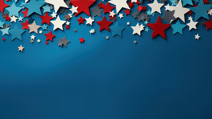 Frame made of confetti stars ob blue background. Happy Presidents Day banner mockup. Generative Ai