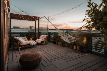 a modern of a comfortable rooftop patio area with a lounging area, a hanging chair, and string lights at sunset, generative AI	