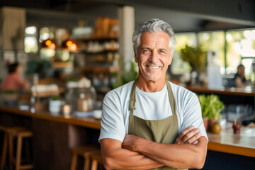 Fototapeta premium Portrait of a senior man with a sincere smile, a proud small business owner, radiating vitality and experience