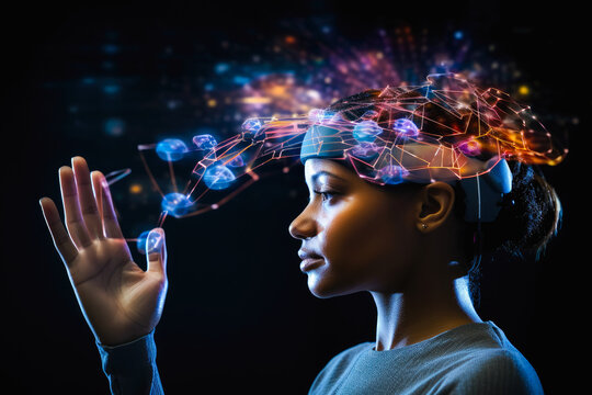 Woman using a neural interface device for computing, highlighting advancements in biotechnology and the onset of the singularity, future of brain-computer interaction