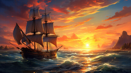 Obraz premium Old ship in sea sunset, Bright color. Generative Ai