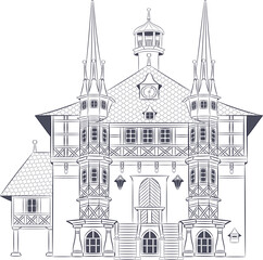 Black and white drawing of the old town hall in Wernigerode. Germany.