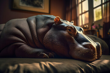 Hippopotamus amphibius, or hippo lie in the apartment on the floor in the living room, a bulky animal in the house strange. Generative AI.