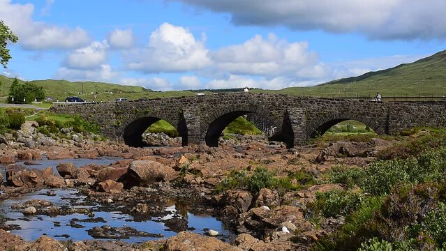 Sligachan Old Bridge over the River Sligachan, landmark of Isle of Skye, Scotland, UK.