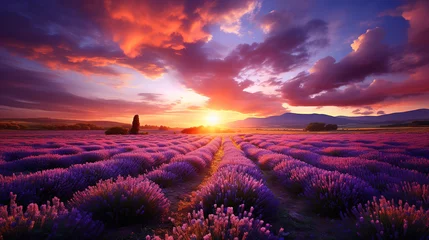 Tuinposter Stunning landscape with lavender field at sunset. Generative Ai © hassanmim2021