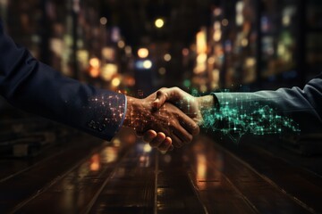 two businessman handshake isolated on a crypto futuristic  background. successfully negotiate. handshake. two businessman shake hand with partner to confirm business deal. Made With Generative AI. - obrazy, fototapety, plakaty