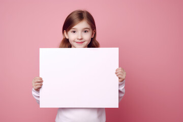Cute young school girl standing with a blank white placeholder sign isolated on a flat pink background with copy space.