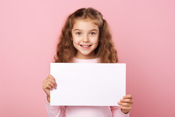 Cute young school girl standing with a blank white placeholder sign isolated on a flat pink background with copy space.