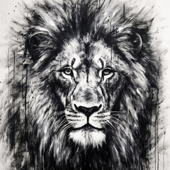 Lion head Portrait painting artwork black and white