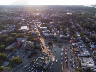 An aerial photo of the waterfront of Annapolis Maryland during sunset.