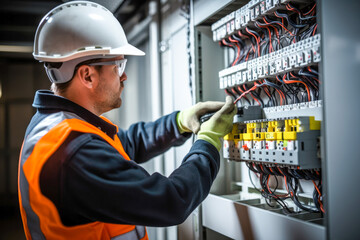 Male commercial electrician at work on a fuse box, adorned in safety gear, demonstrating professionalism