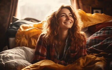 Portrait of a happy traveler woman. AI