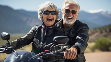 Naklejka premium An elderly couple riding a motorcycle.
